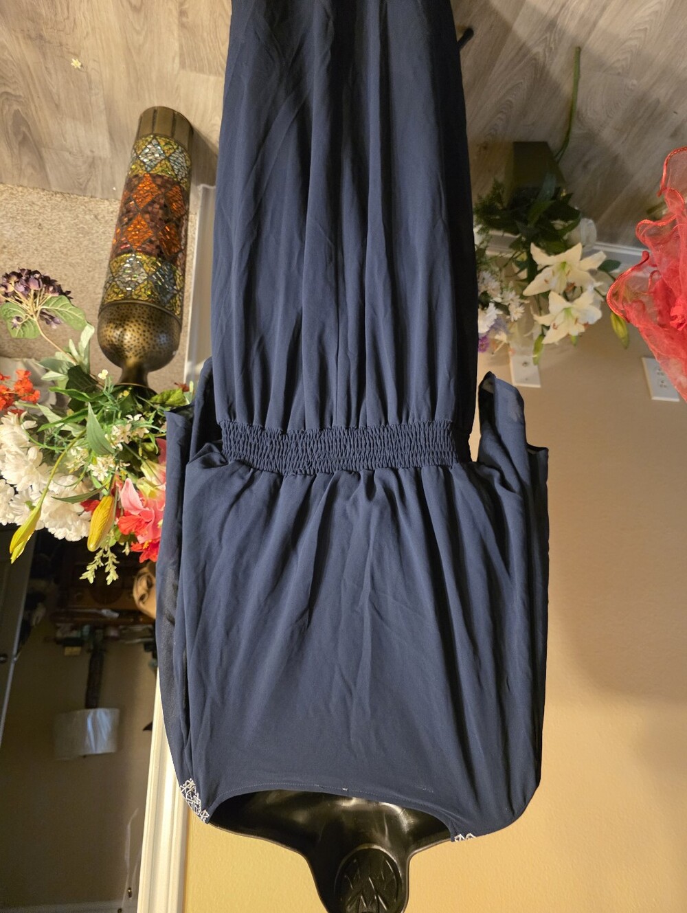 Smocked Waist Navy Jumpsuit with Adjustable Straps
